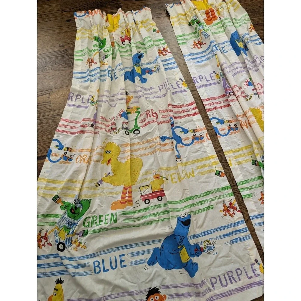 Vntg Sesame Street Characters Curtains 4 Panels 61x40 Big Bird Bert Ernie Oscar